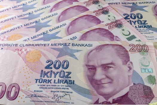 close up turkish lira banknotes on background