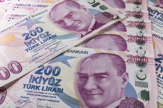 close up turkish lira banknotes on background