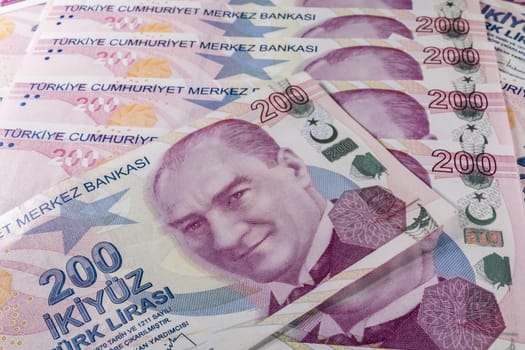 close up turkish lira banknotes on background