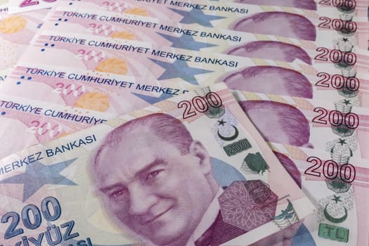 close up turkish lira banknotes on background