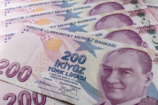 close up turkish lira banknotes on background