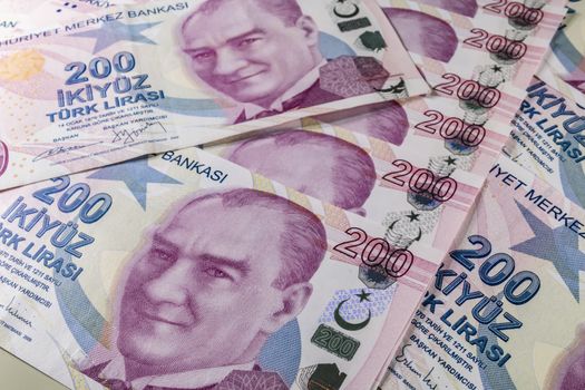 close up turkish lira banknotes on background