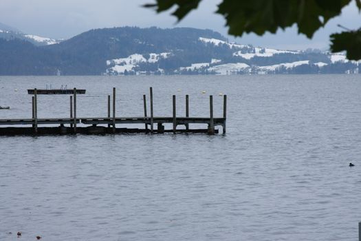 calm lake in winter in Switzerland with a pear