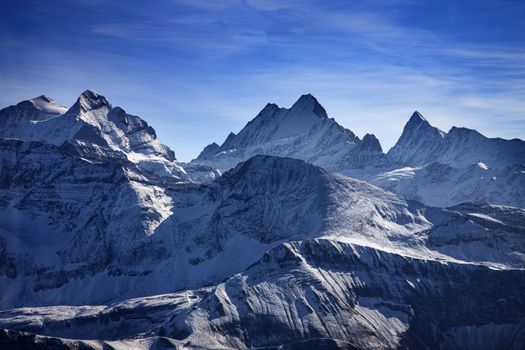 Three famous Swiss mountain peaks, Eiger, Mönch and Jungfrau, Snow and ice