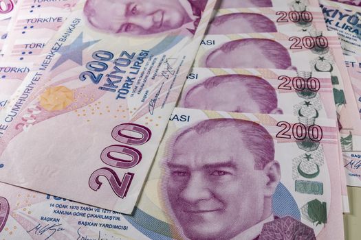close up turkish lira banknotes on background