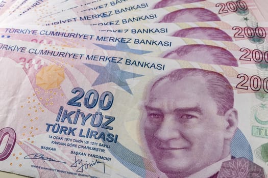 close up turkish lira banknotes on background