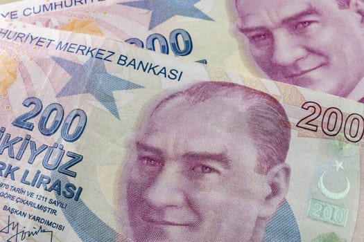 close up turkish lira banknotes on background