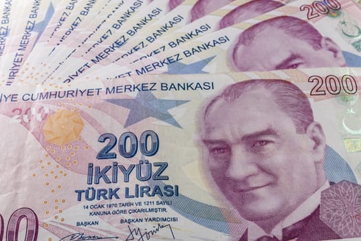 close up turkish lira banknotes on background