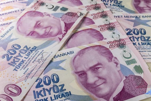 close up turkish lira banknotes on background