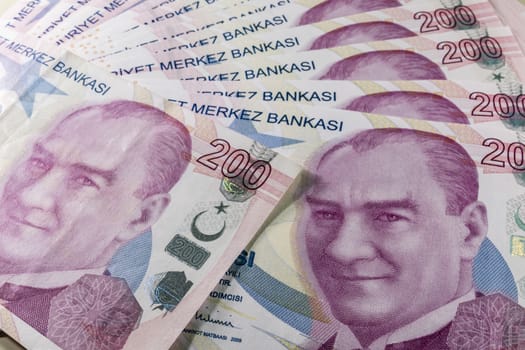 close up turkish lira banknotes on background