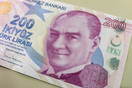 close up turkish lira banknotes on background