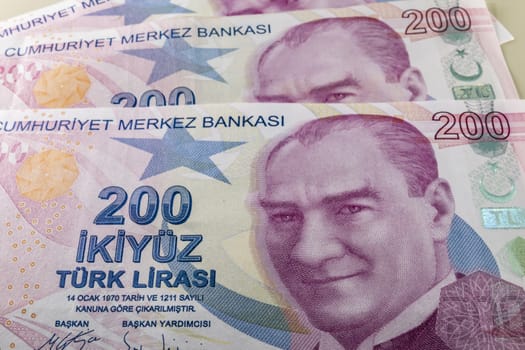 close up turkish lira banknotes on background