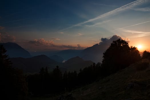 Sunset in the mountains near Luzernt. Mount Buergenstock. dark twilight