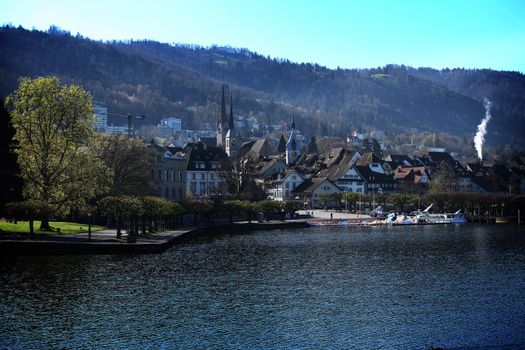 pictures of the city of Zug, Switzerland. Lake and mountains