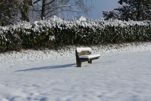 lonely bank in cold snow, casting a shadow