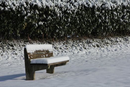 lonely bank in cold snow. casting a shadow