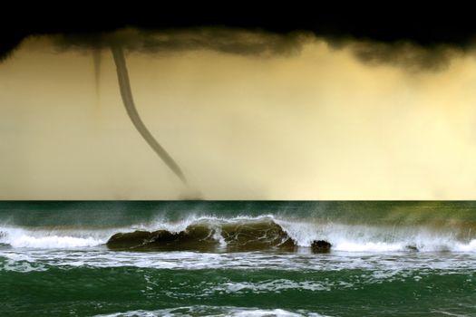 bad weather and storm with the wind on the sea. tornado over the ocean, nature force background - huge tornado, bright lightning in dark stormy sky