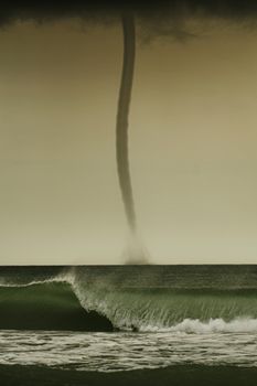 bad weather and storm with the wind on the sea. tornado over the ocean, nature force background - huge tornado, bright lightning in dark stormy sky