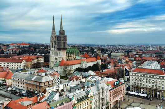 Zagreb, Croatia - 24 February 2019: Zagreb red rooftops and Cathedral