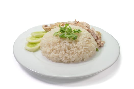 The close up of Thai chicken rice food on white plate on white background.