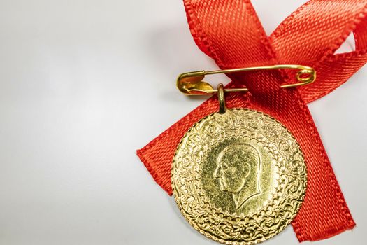 close up traditional turkish gold coins on background