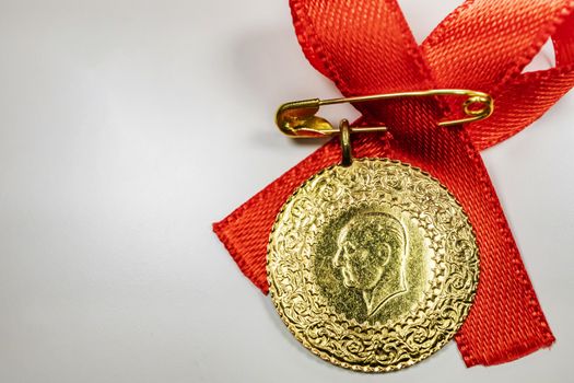 close up traditional turkish gold coins on background