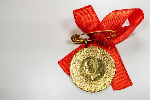 close up traditional turkish gold coins on background