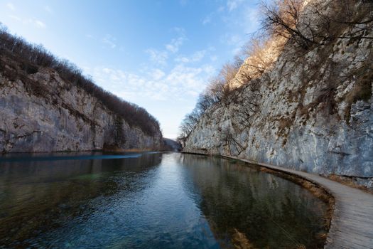 Plitvice Lakes National Park in winter, path in Lower lakes canyon