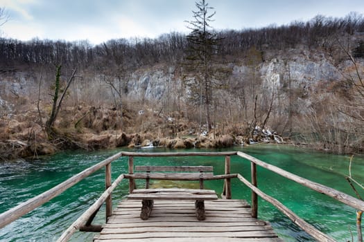 Plitvice Lakes National Park in winter, bench