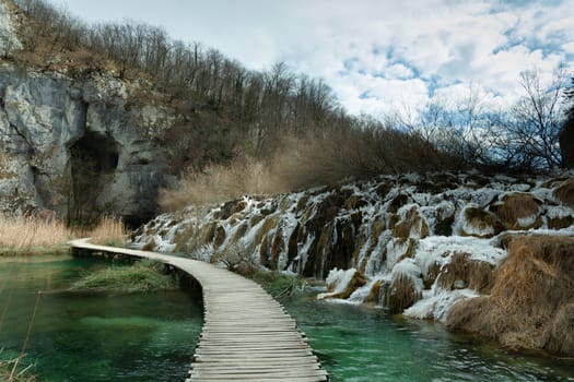 Plitvice Lakes National Park in winter, path in Lower lakes canyon