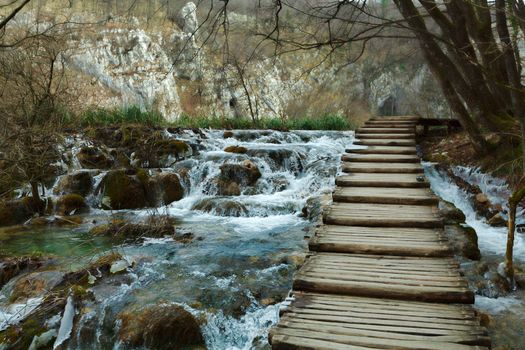 Plitvice Lakes National Park in winter, stairs