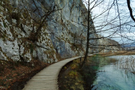 Plitvice Lakes National Park in winter, path in Lower lakes canyon