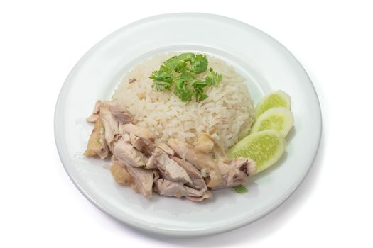 The close up of Thai chicken rice food on white plate on white background.