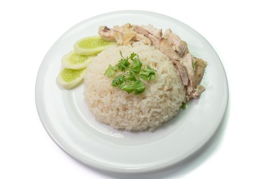 The close up of Thai chicken rice food on white plate on white background.