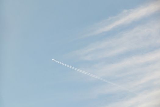 jet fuel trail left by planes at the sky