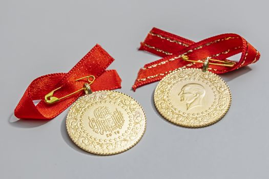 close up traditional turkish gold coins on background