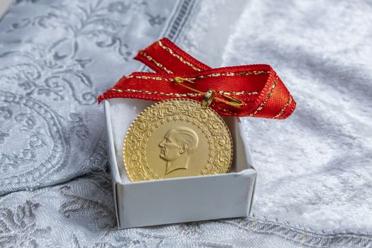 close up traditional turkish gold coins on background