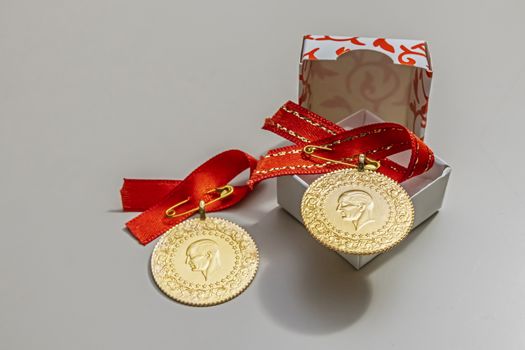 close up traditional turkish gold coins on background