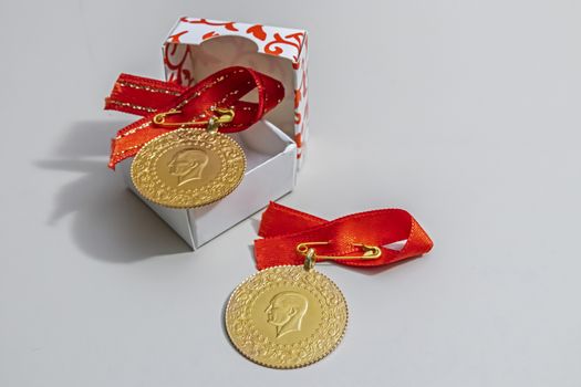 close up traditional turkish gold coins on background