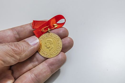 close up traditional turkish gold coins on background