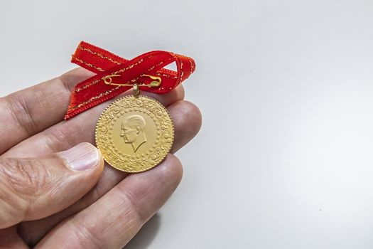 close up traditional turkish gold coins on background