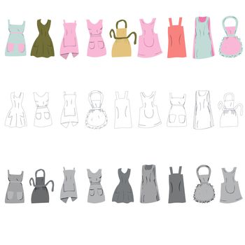 Vintage aprons set cute colours isolated on white background. Flat cartoon style Vector illustration.