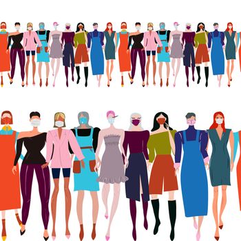 Endless border with Stylish women wearing matching colour protective face mask. Latest trend news, fashion bloggers post. Flat cartoon illustration with copyspace on white background. Vector illustration.