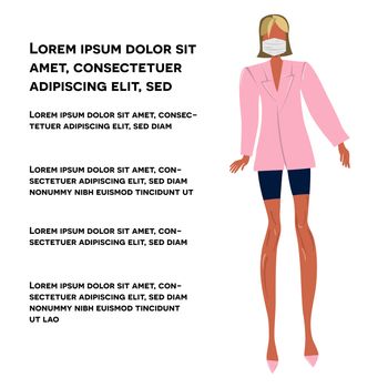 Girl in pink blazer and matching colour protective face mask. Latest trend news, fashion bloggers post. Flat cartoon illustration with copyspace on white background. Vector illustration.