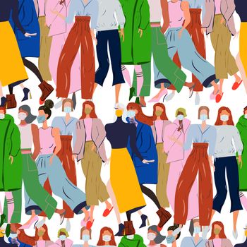 Seamless pattern with crowd wearing protective face mask. Latest trend news, fashion bloggers post. Flat cartoon illustration with copyspace on white background. Vector illustration.