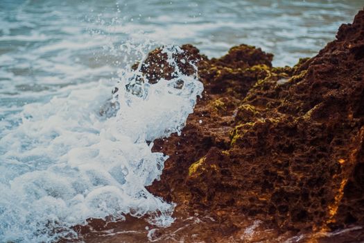 Storm in the ocean, sea waves crashing on rocks on the beach coast, nature and waterscape scenery