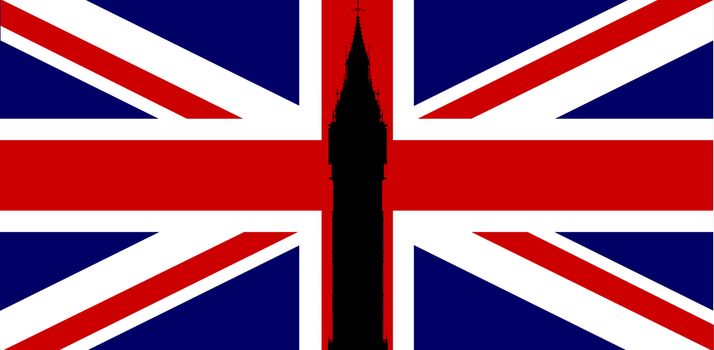 The London landmark Big Ben Clocktower in silhouette over a Union Flag, more often called the Union Jack.