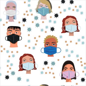 Repeat pattern with multunationality faces wearing protective face mask. Latest trend news, fashion bloggers post. Flat cartoon illustration with copyspace on white background. Vector illustration.