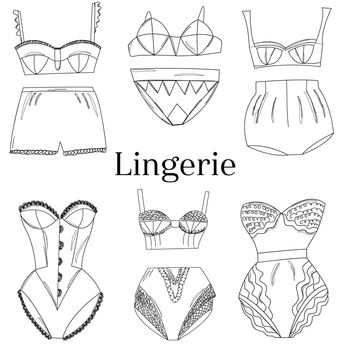 Line art female lingerie collection. Lace underwear set , panties, bras, knickers isolated on white background. Vector illustration.