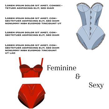 Female lingerie corset red vs blue collection. Lace underwear set with text , panties, bras, knickeers isolated on white background. Vector illustration.